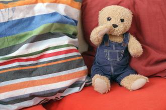 
		Ein Teddybär sitzt auf einem roten Sofa
	