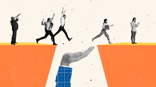 
		Eine helfende Hand hilft Mitarbeitenden über eine Klippe zu kommen
	